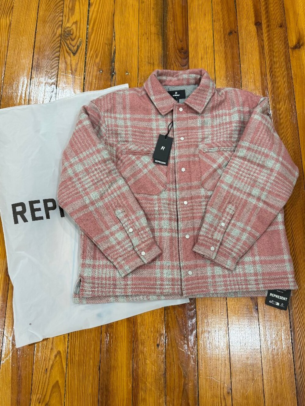 Represent Clo Quilted Lined Plaid Flannel Button Shirt Pink/Gray Men's S (NEW)